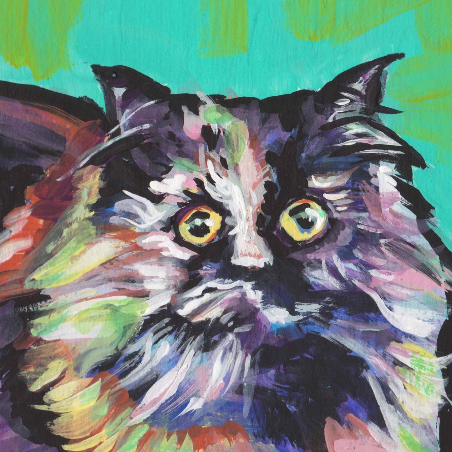 fun Cat portrait art print of bright colorful pop art painting 12x12" PERSIAN CALICO