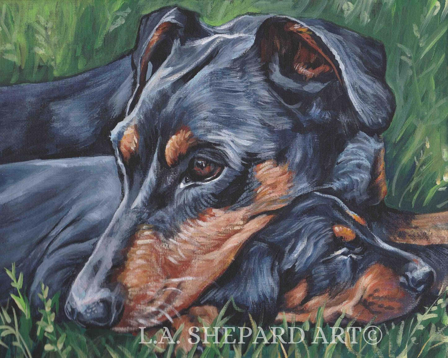 GERMAN PINSCHER dog portrait art canvas print of LA Shepard painting 11x14" mom and puppy