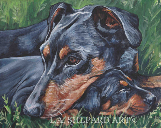 GERMAN PINSCHER dog portrait art canvas print of LA Shepard painting 11x14" mom and puppy