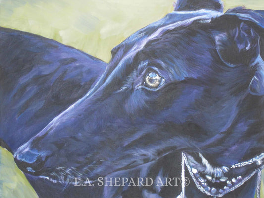GREYHOUND portrait dog art canvas PRINT of LAShepard painting 12x16" black sight hound
