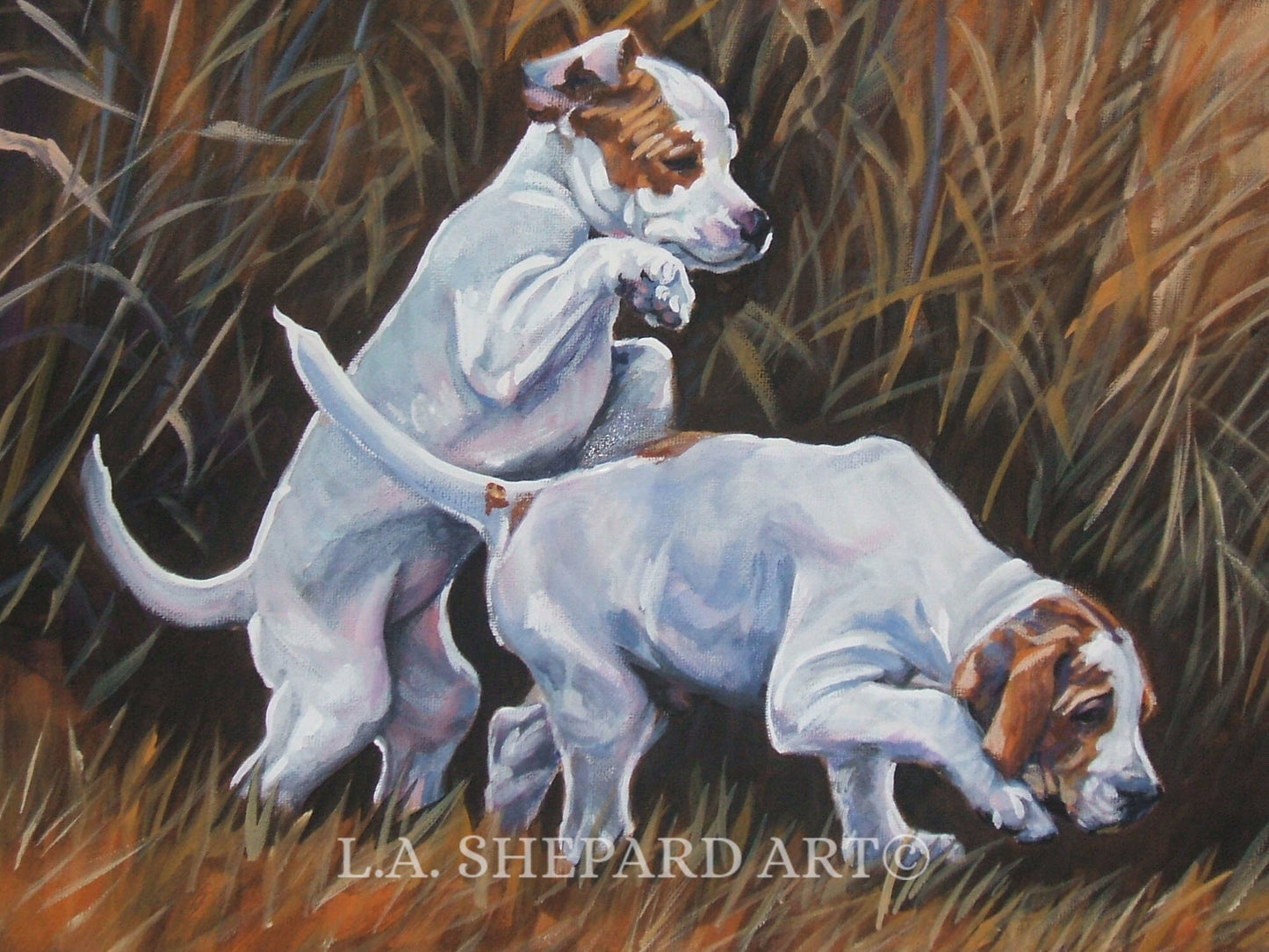 English POINTER puppies dog art canvas PRINT of LA Shepard painting 12x16