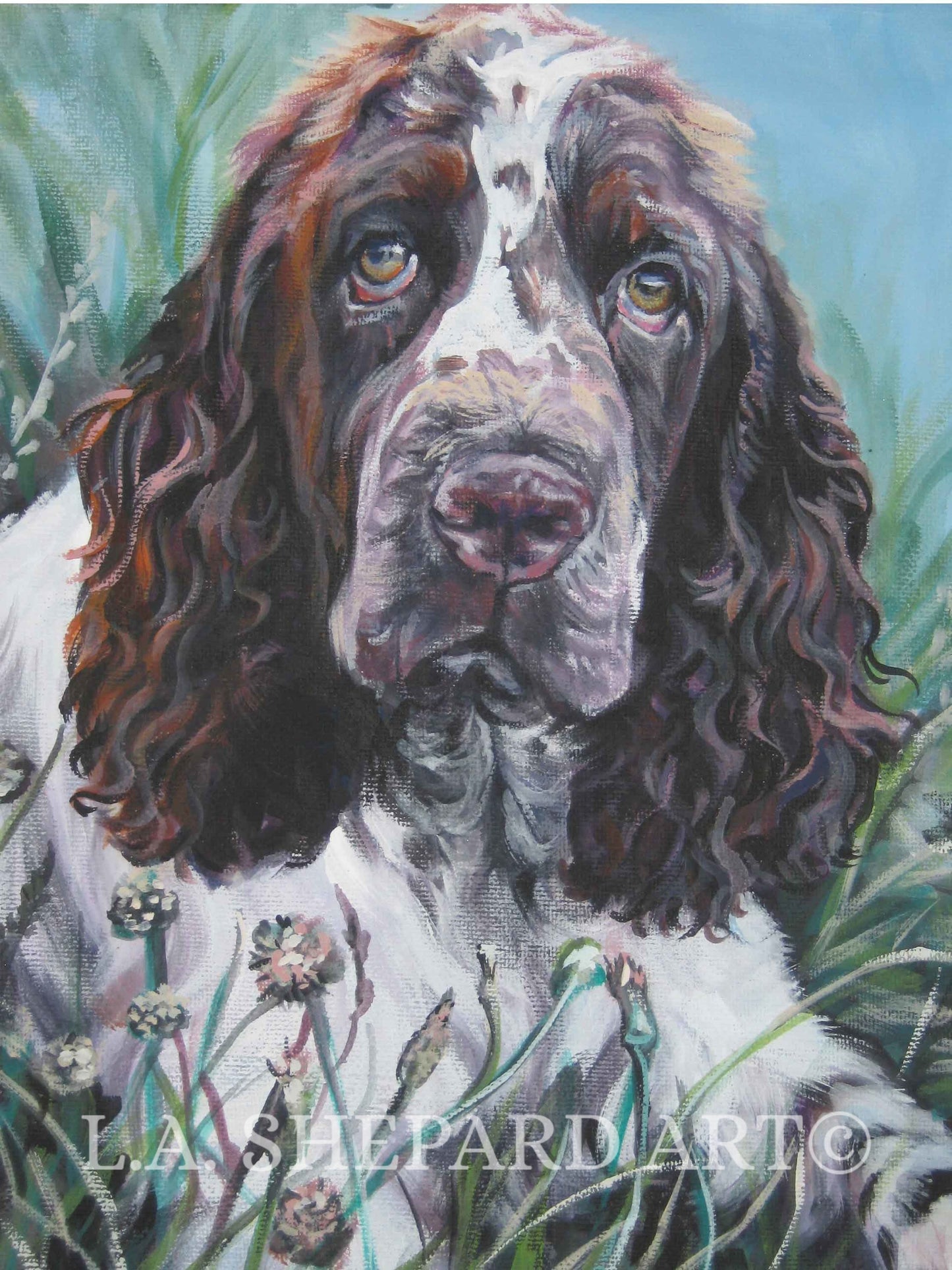 English SPRINGER Spaniel dog art portrait canvas PRINT of LA Shepard painting 8x10