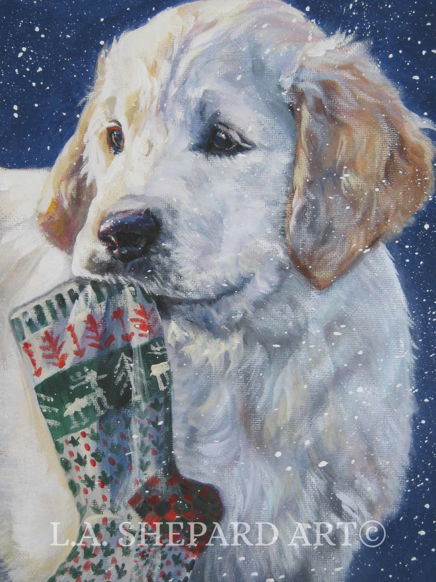 golden retriever DOG art XMAS portrait PRINT of LAShepard painting 8x10