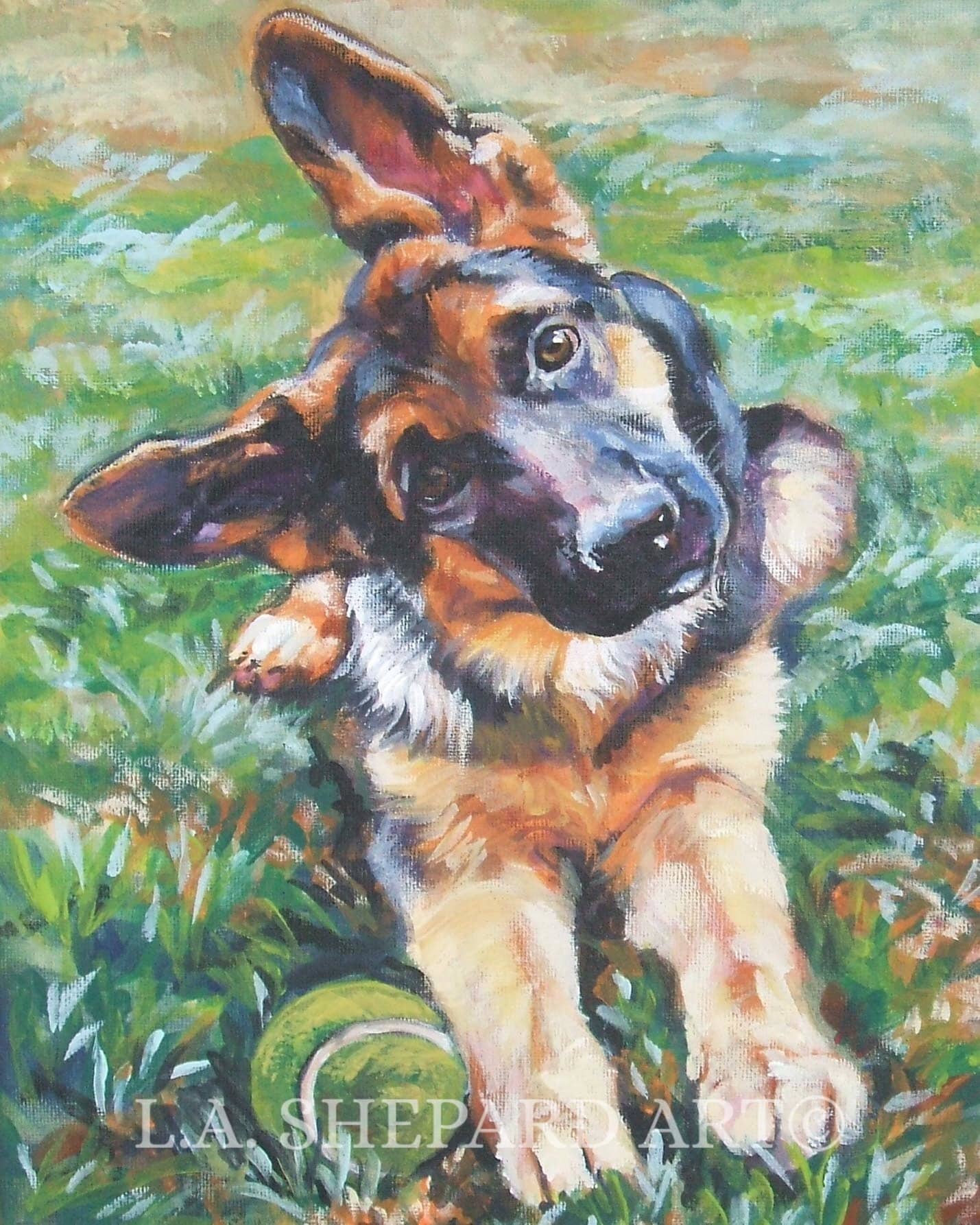 GERMAN SHEPHERD dog art canvas PRINT of LAShepard painting 8x10" gsd puppy