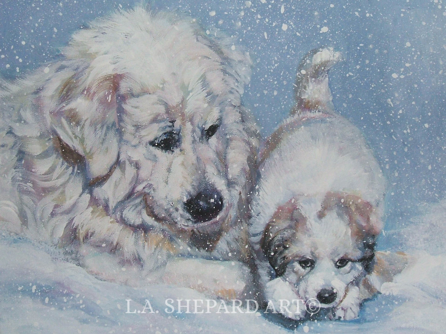 Great PYRENEES dog art canvas PRINT of LA Shepard painting 12x16