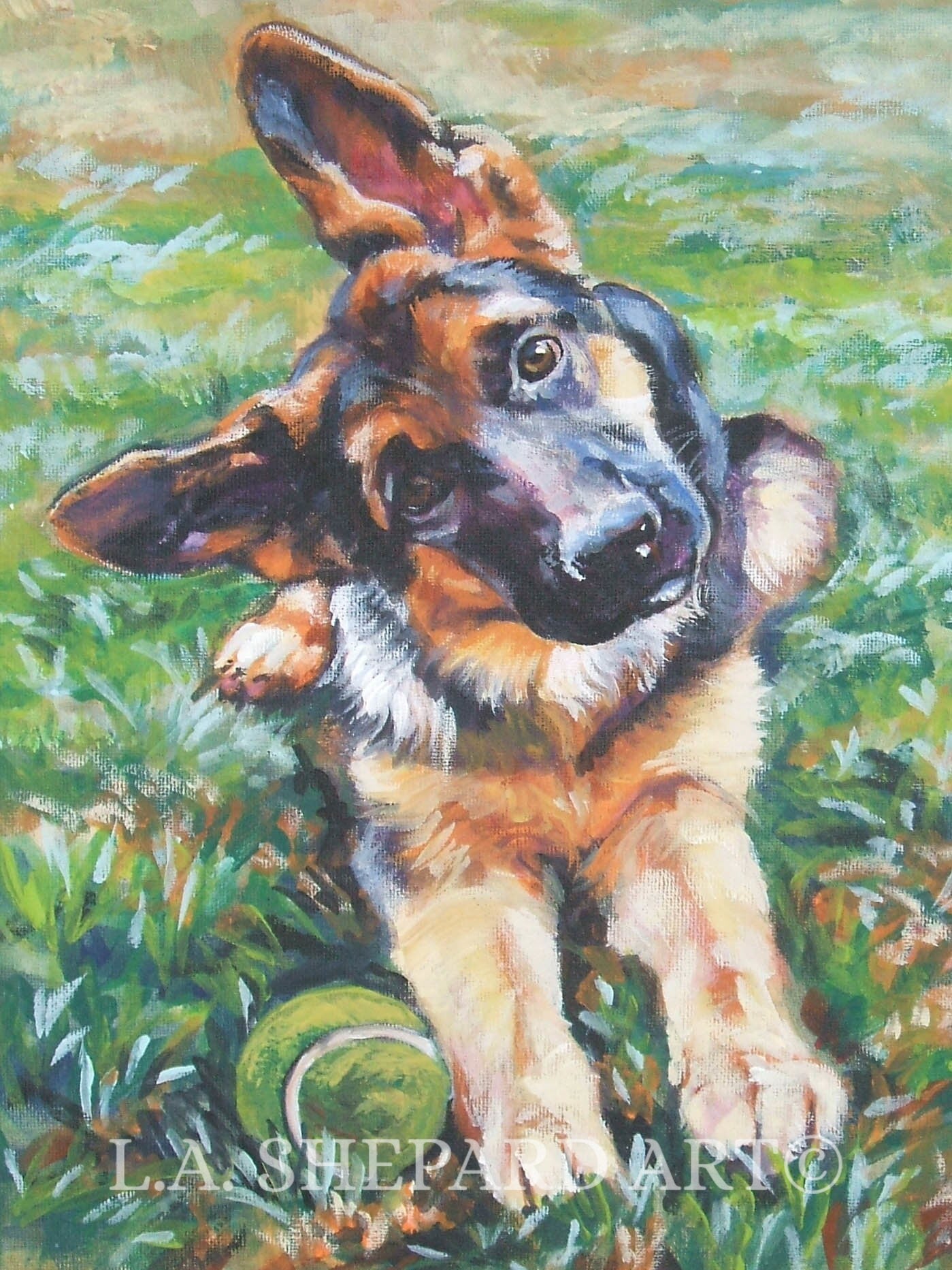 German Shepherd dog portrait art  GSD PRINT of LAShepard painting 12x16" alsatian