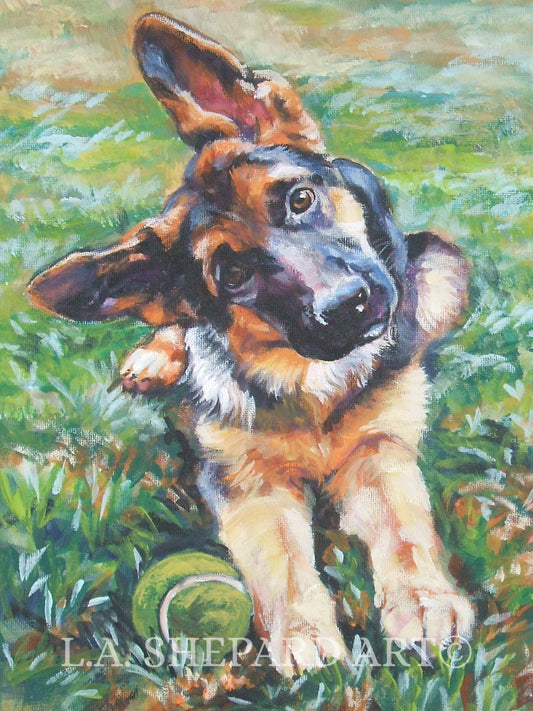 German Shepherd dog portrait art  GSD PRINT of LAShepard painting 12x16" alsatian
