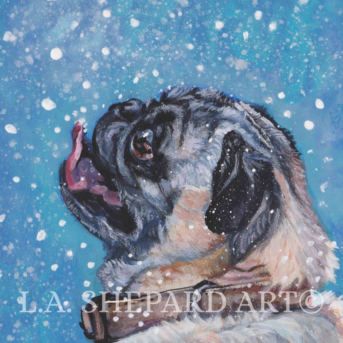 fawn PUG dog ART portrait canvas PRINT of LAShepard painting 12x12" xmas snow