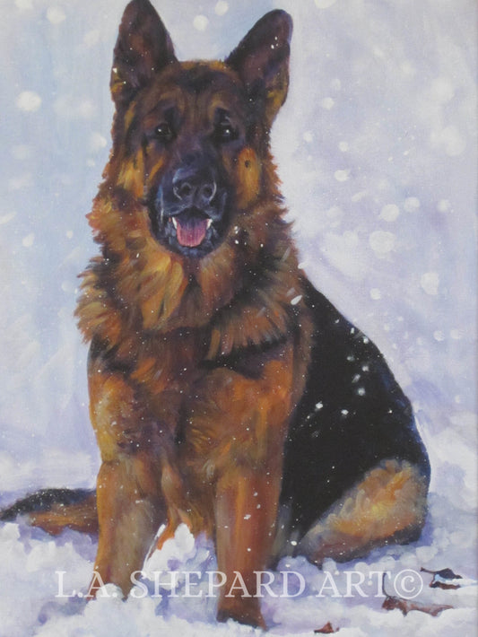 German SHEPHERD dog art portrait PRINT of LAShepard painting 12x16 GSD snow