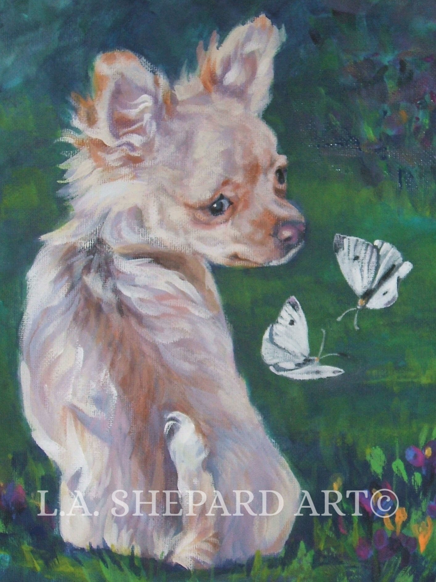 CHIHUAHUA dog portrait art PRINT of LAShepard painting 8x10" butterflies