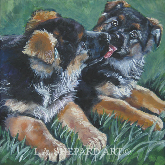 German Shepherd GSD PUPPIES dog art canvas PRINT of LAShepard painting 12x12