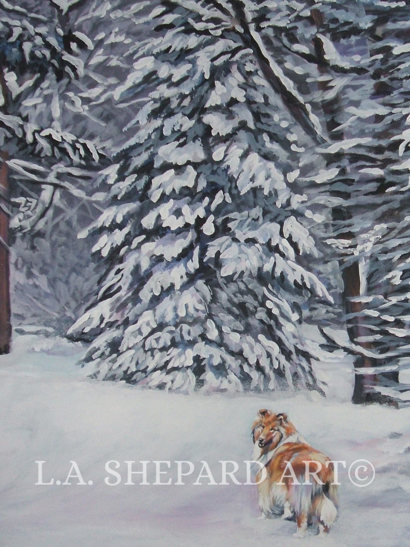 Rough COLLIE dog ART PRINT of LAShepard painting 8x10 winter scene