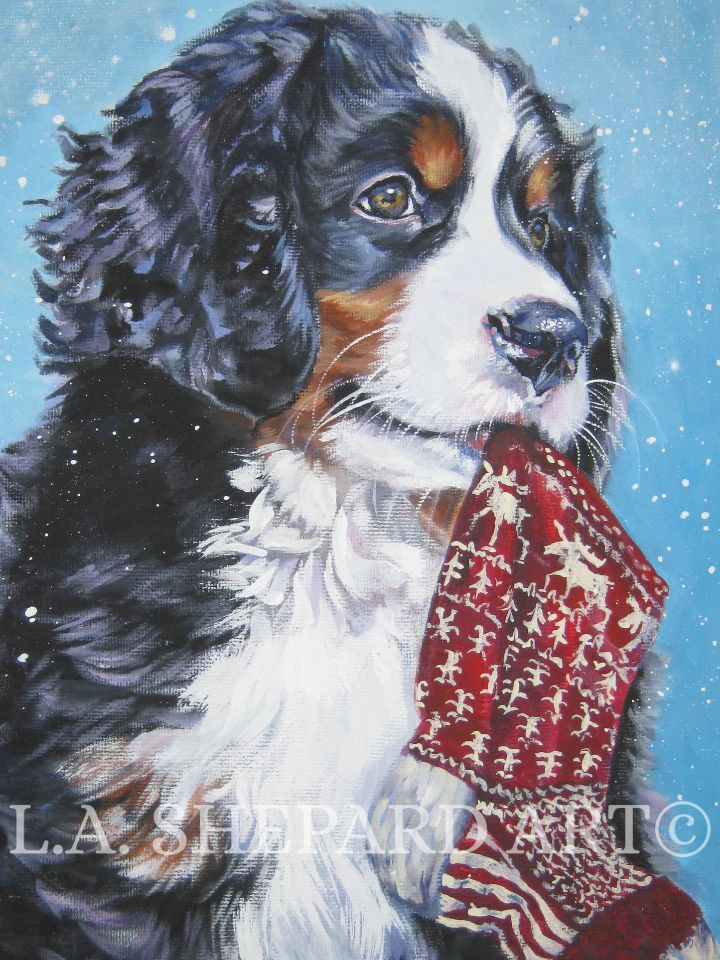 Bernese Mountain Dog portrait art canvas PRINT of LAShepard painting 12x16" xmas BERNER pup