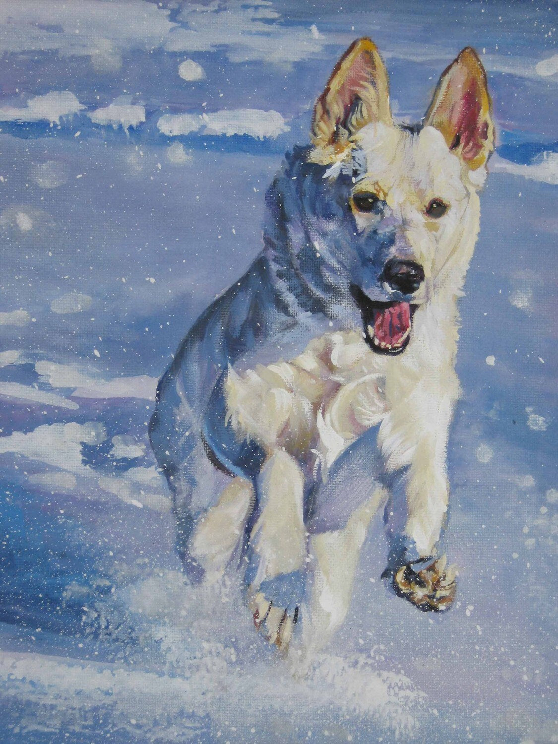 white German Shepherd dog art print of LA Shepard painting 12x16" winter