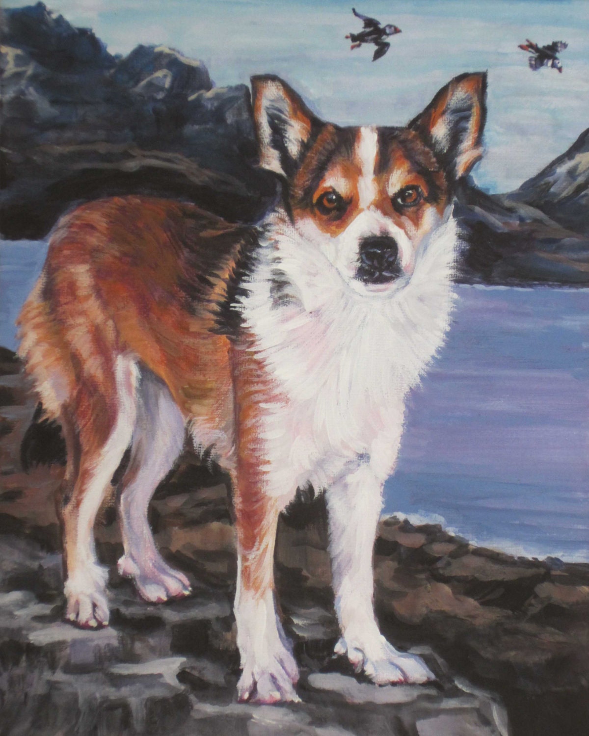 Norwegian Lundehund dog art CANVAS print of LA Shepard painting 11x14