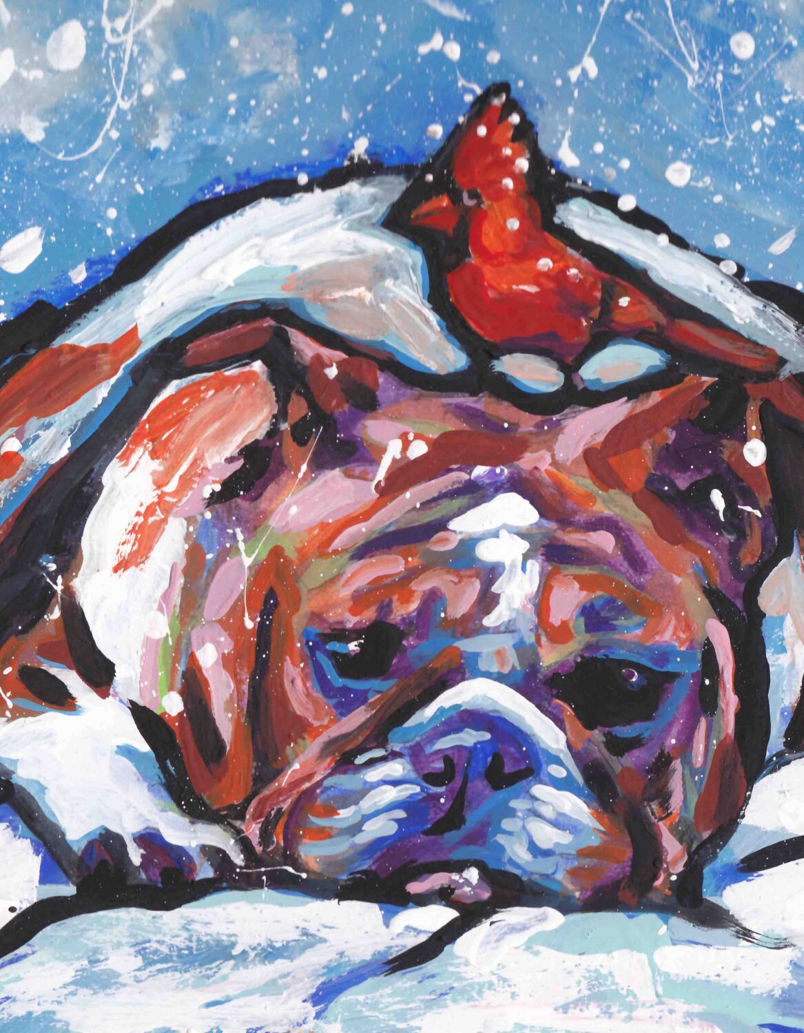 Bulldog and Cardinal winter Dog and cardinal art print of modern pop art painting 8.5x11" LEA