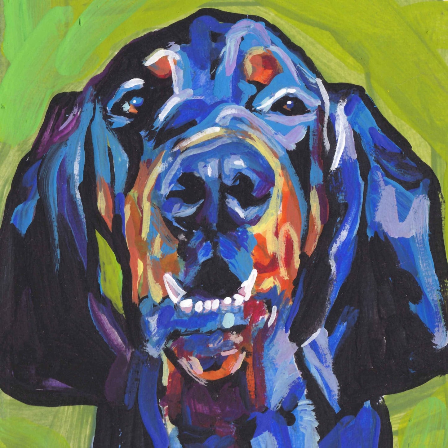 Black and Tan COONHOUND portrait PRINT of modern colorful pop art painting 12x12"