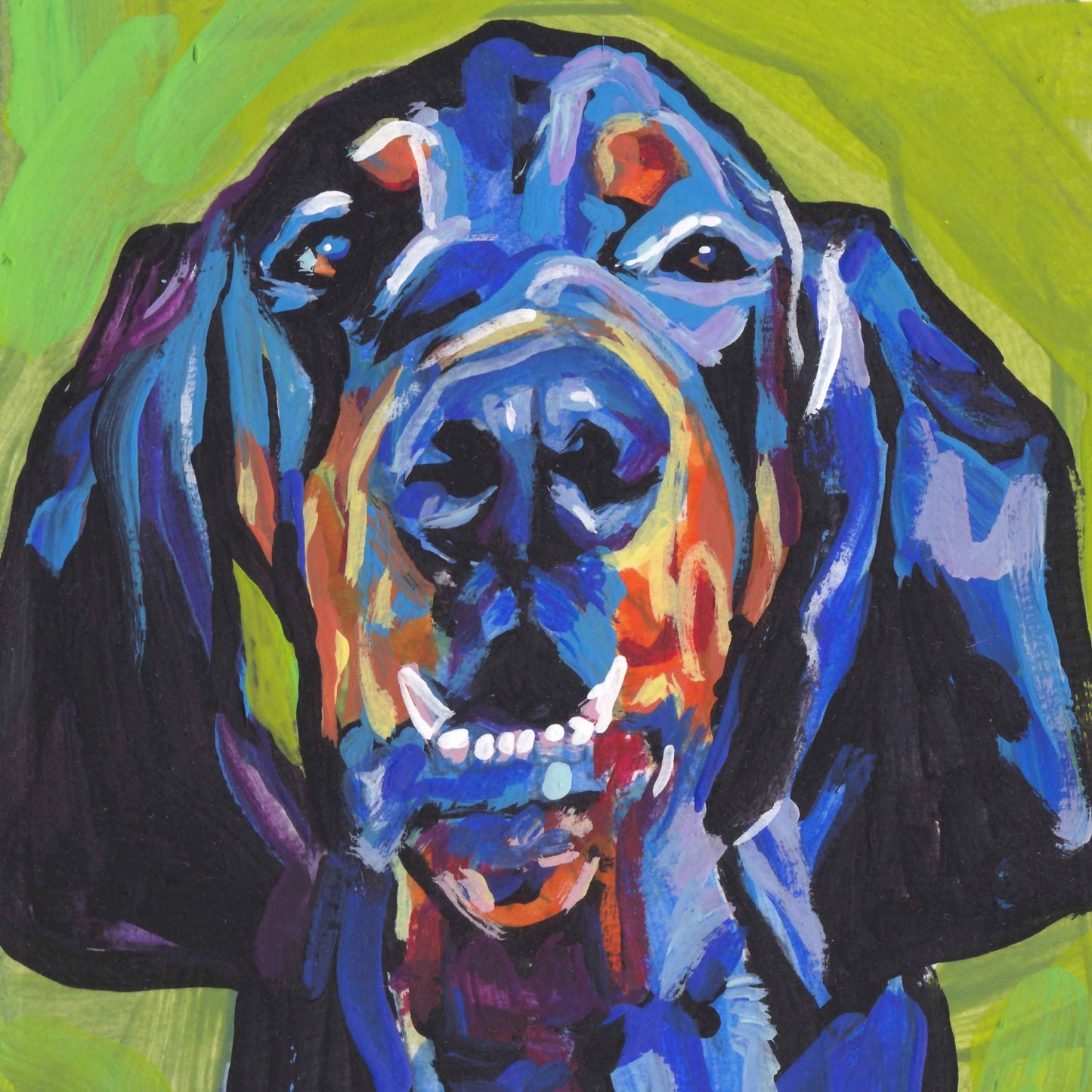 Black and Tan Coonhound portrait PRINT of modern colorful pop art dog painting 8x8"