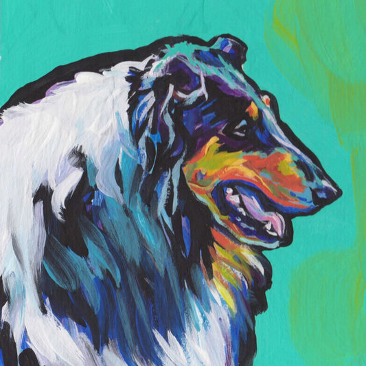 Tricolor Rough Collie Portrait art PRINT of pop art painting bright colors 12x12" fun dog wall art