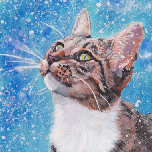 TABBY CAT in snow portrait canvas of LAShepard painting 8x8" xmas
