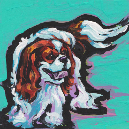 Blenhem Cavalier King Charles Spaniel art print of pop art painting bright color happy dog art 12x12"