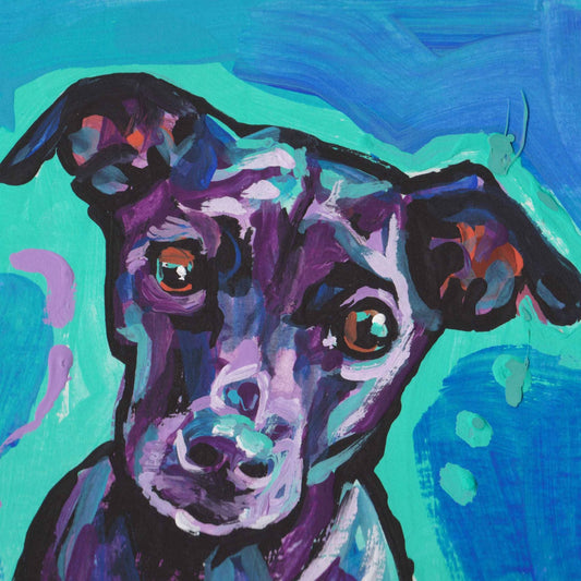 RESCUE DOG portrait art print of pop art dog painting bright colors 8x8" rescue me min pin miniature pinscher mix