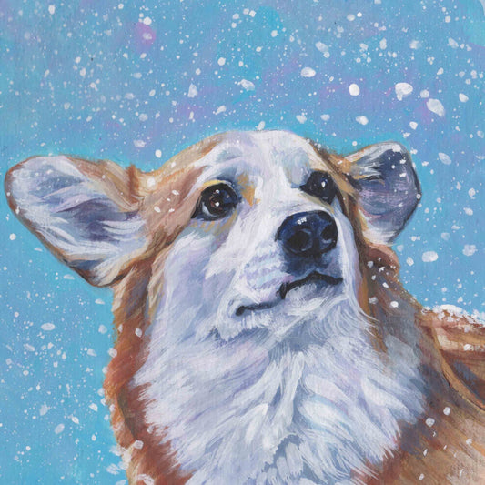 Pembroke Welsh Corgi dog art portrait print of LAShepard painting 8x8" winter xmas snow