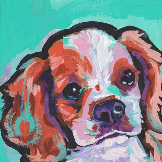 blenheim Cavalier King Charles Spaniel puppy print of modern Dog pop art painting bright colors 8x8"