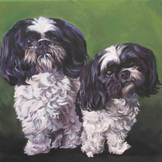 SHIH TZU dog art canvas PRINT of LAShepard painting 8x8" black and white pair