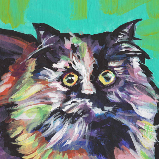 fun Cat portrait art print of bright colorful pop art painting 8x8" PERSIAN CALICO