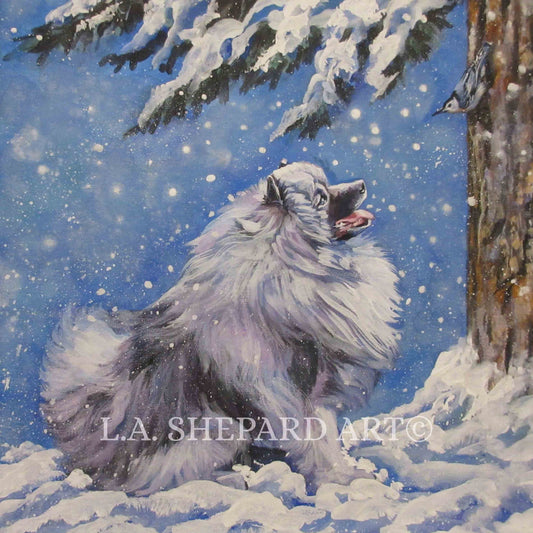 KEESHOND DOG art canvas PRINT of LAShepard painting 12x12" xmas winter