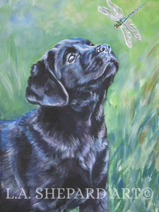 BLACK LAB puppy dog portrait Labrador retriever art canvas PRINT of LAShepard painting 8x10"