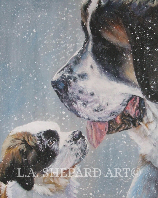 Saint Bernards "Snowy Saint Bernards" Giclée Print of Original Painting by LA Shepard