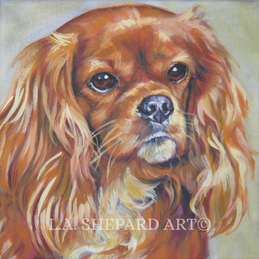CAVALIER king charles spaniel DOG PORTRAIT Canvas art print of LAShepard painting 8x8" ruby cav