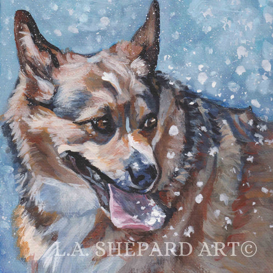 Pembroke Welsh CORGI PORTRAIT Canvas PRINT of LAShepard painting 8x8" dog art winter xmas snow