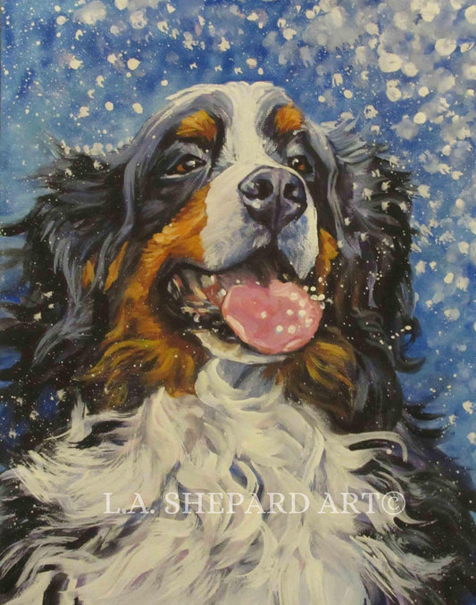 Bernese Mountain Dog BERNER PORTAIT art print of LAShepard painting 11x14" BMD xmas winter snow