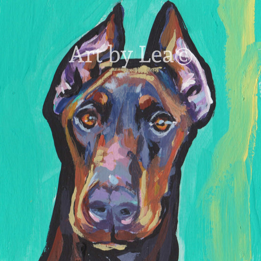 Fun Doberman Pinscher dog art print of pop art painting bright colors 8x8"