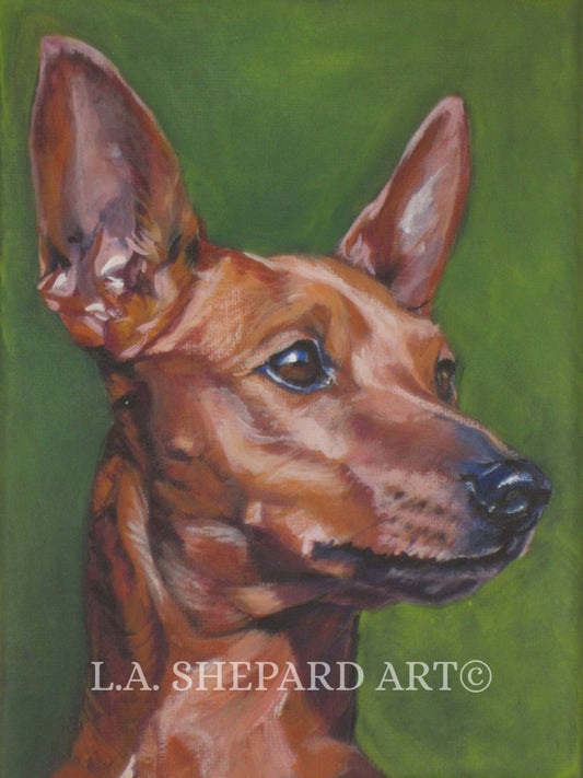 red Miniature Pinscher dog portrait art PRINT of LA Shepard painting 8x10"