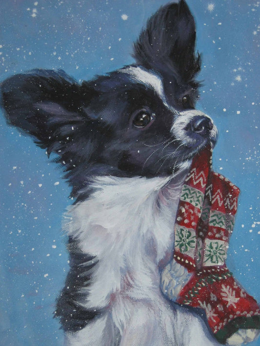 PAPILLON dog portrait art print of LAShepard painting 12x16" christmas puppy art