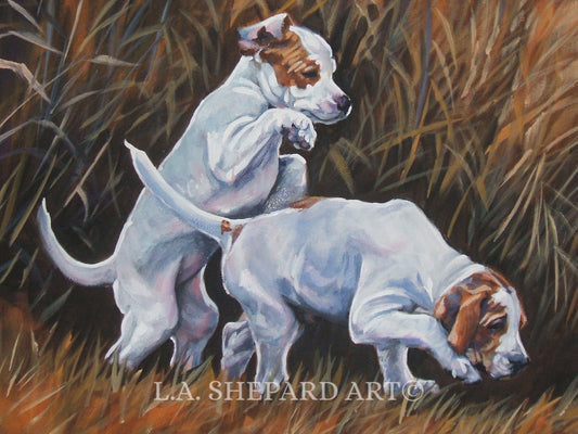 English POINTER puppies dog art canvas PRINT of LA Shepard painting 12x16