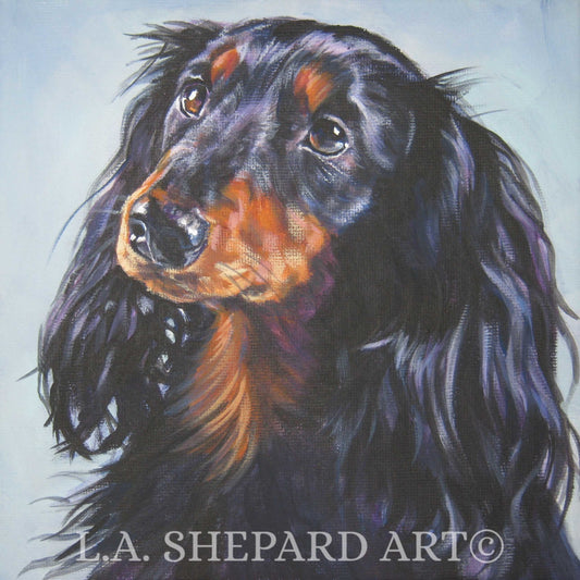 DACHSHUND dog art portrait canvas PRINT of LA Shepard painting 8x8