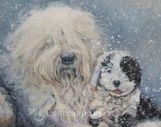 Old English Sheepdog dog art portrait canvas PRINT of LAShepard painting 11x14 OES xmas