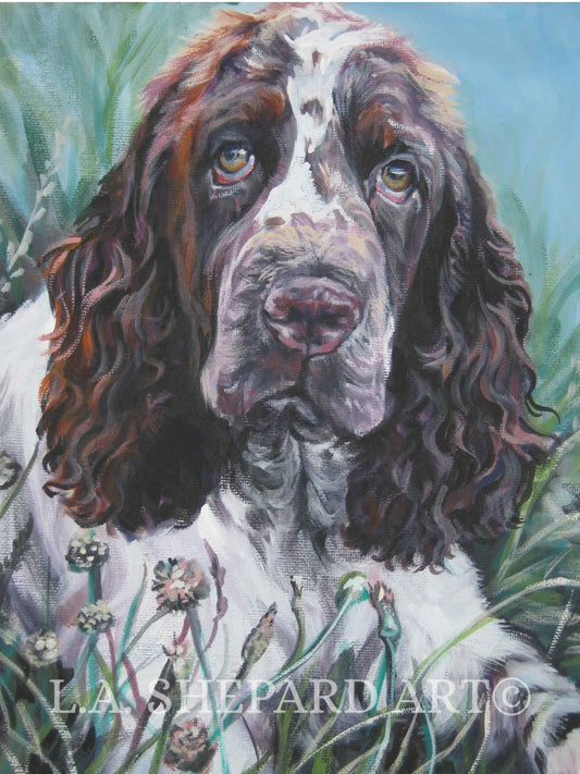 English SPRINGER Spaniel dog art portrait canvas PRINT of LA Shepard painting 8x10