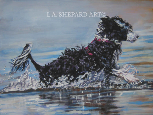 Portuguese Water Dog art giclee PRINT of LA Shepard painting 12x16 PWD