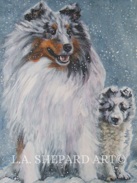 Shetland Sheepdog SHELTIES dog art canvas PRINT of LAShepard painting 12x16