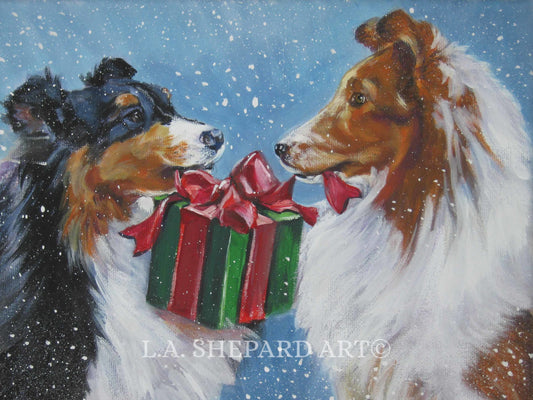 Shetland Sheepdog SHELTIE dog art print canvas PRINT of LA Shepard painting 12x16" xmas portrait