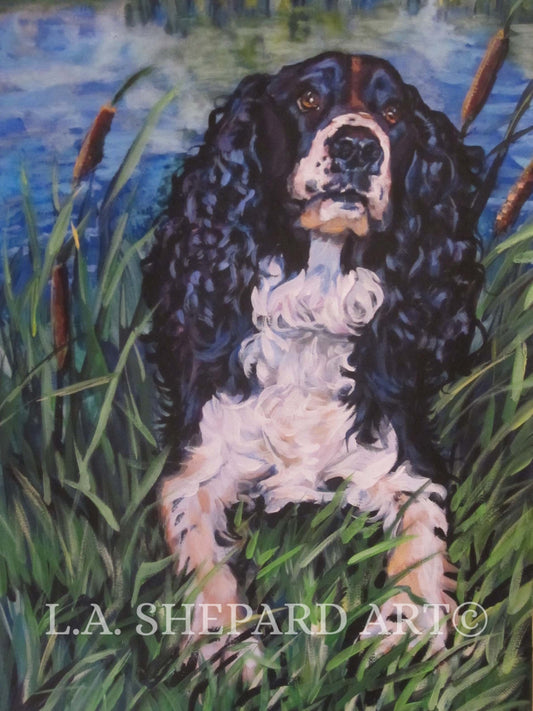 English SPRINGER Spaniel dog art canvas PRINT of LA Shepard painting 8x10