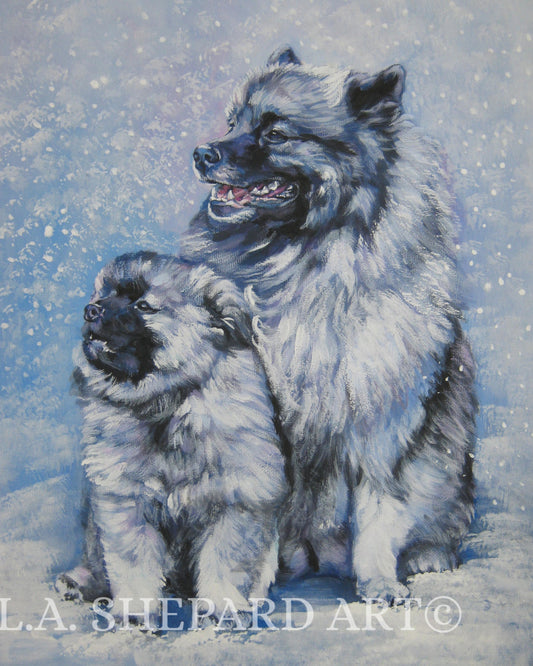 KEESHOND DOG art canvas PRINT of LAShepard painting 8x10" xmas dog family