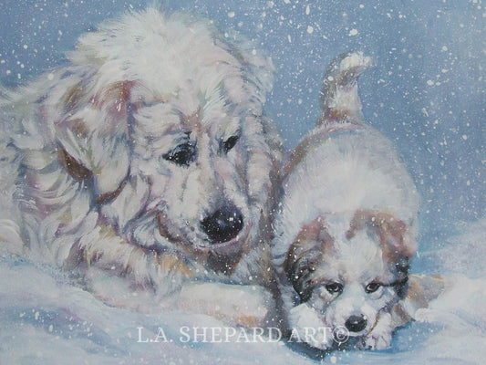 Great PYRENEES dog art canvas PRINT of LA Shepard painting 12x16