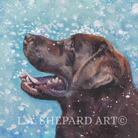 chocolate lab Labrador retriever dog art portrait print of LAShepard painting 12x12" xmas winter snow